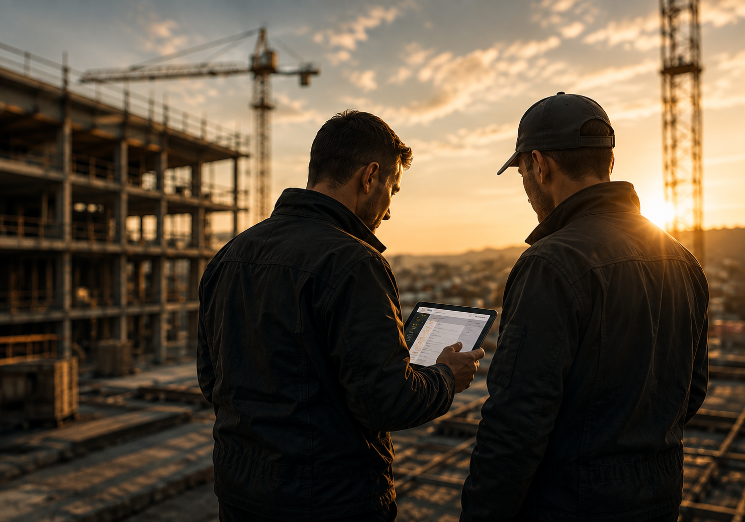 Handwerker auf der Baustelle mit Tablet